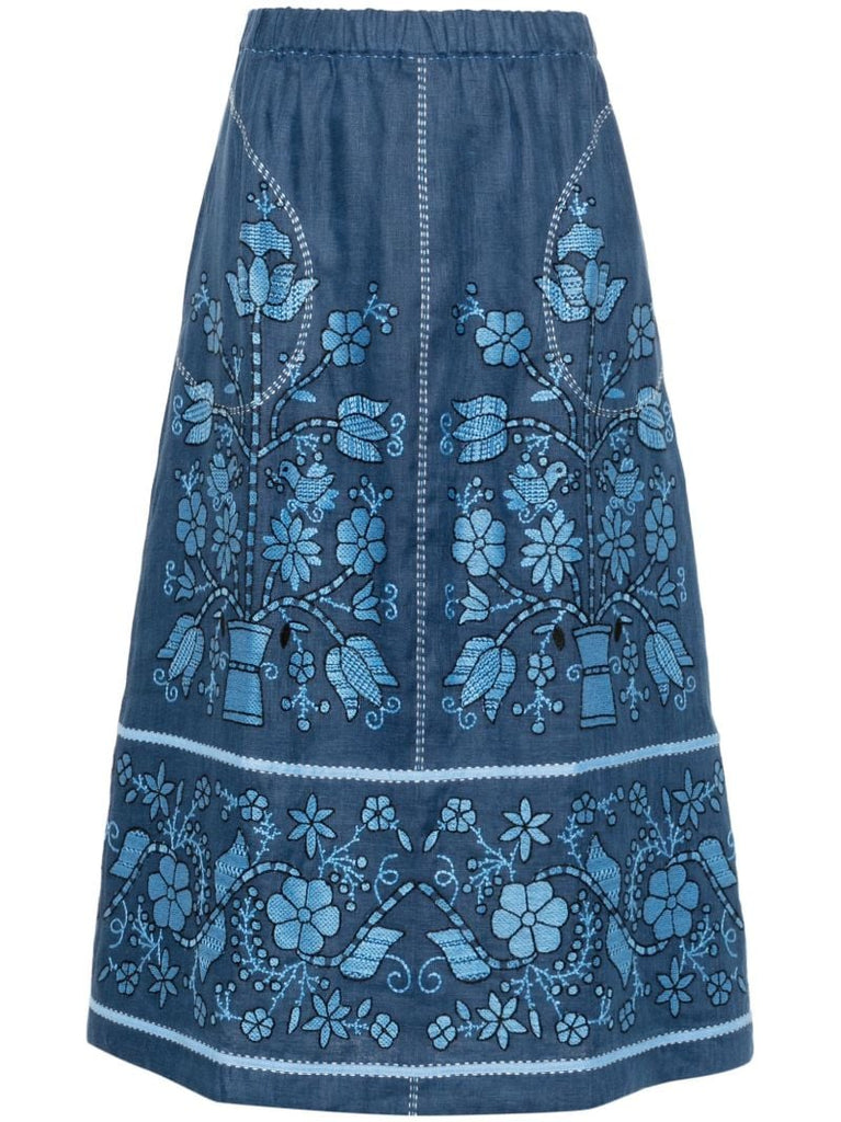 Blue Floral-embroidery Linen Midi Skirt