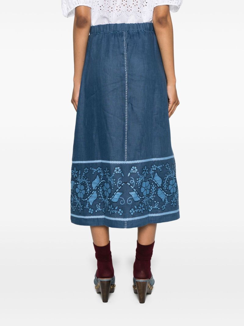 Blue Floral-embroidery Linen Midi Skirt