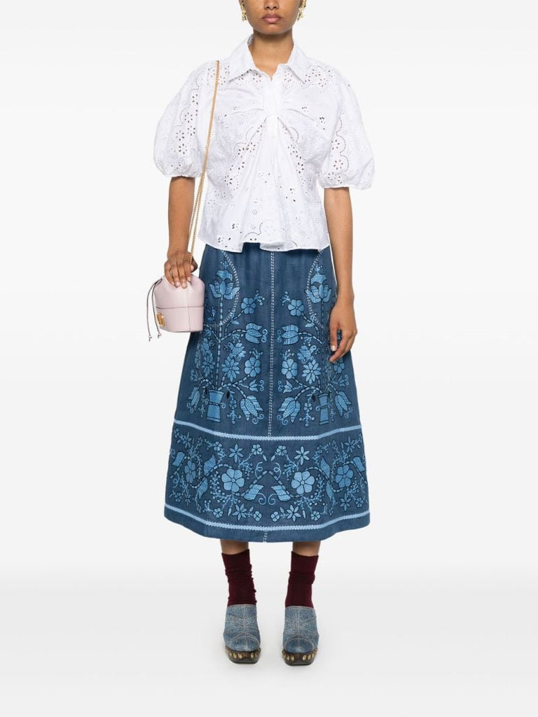 Blue Floral-embroidery Linen Midi Skirt