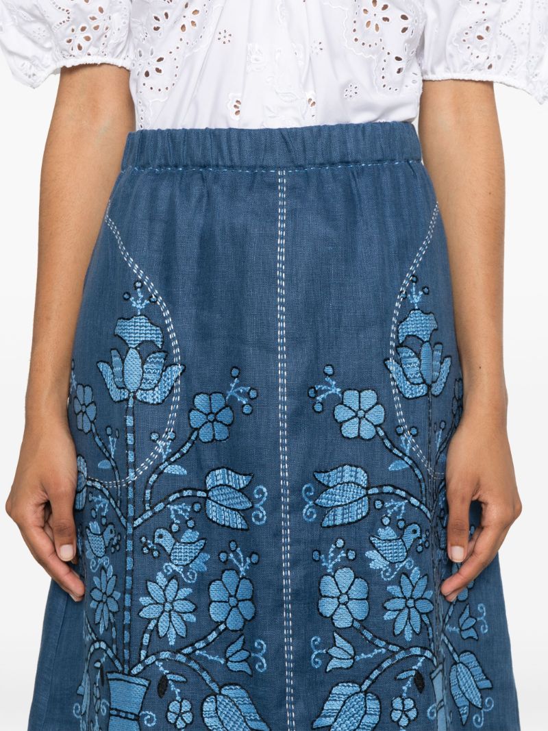 Blue Floral-embroidery Linen Midi Skirt
