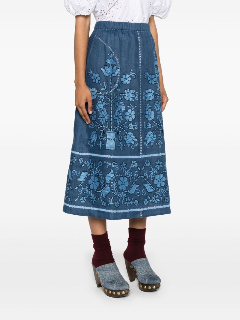 Blue Floral-embroidery Linen Midi Skirt