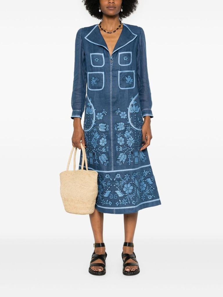 Blue Sasha Embroidered Linen Dress