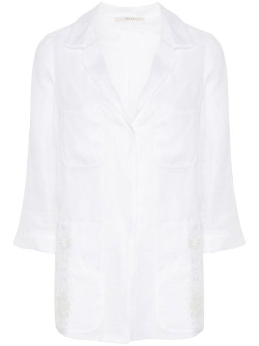 White Floral-embroidered Linen Blazer