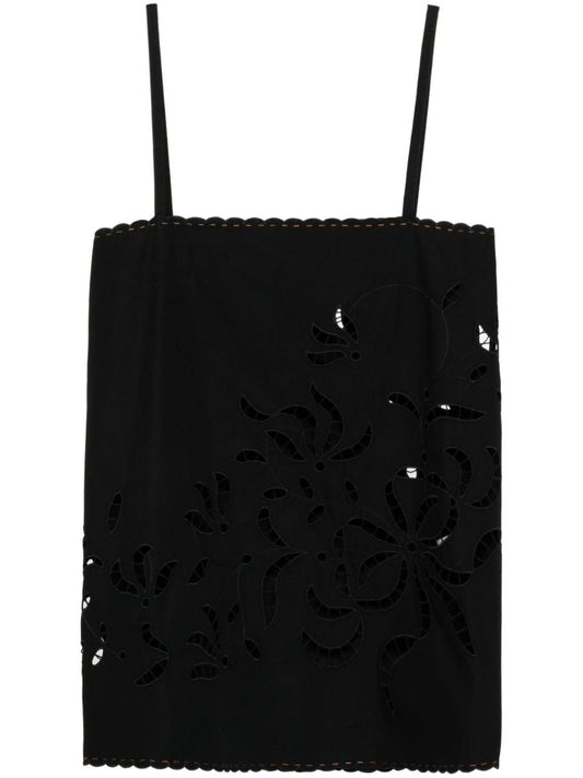 Black Floral-embroidered Cotton Top