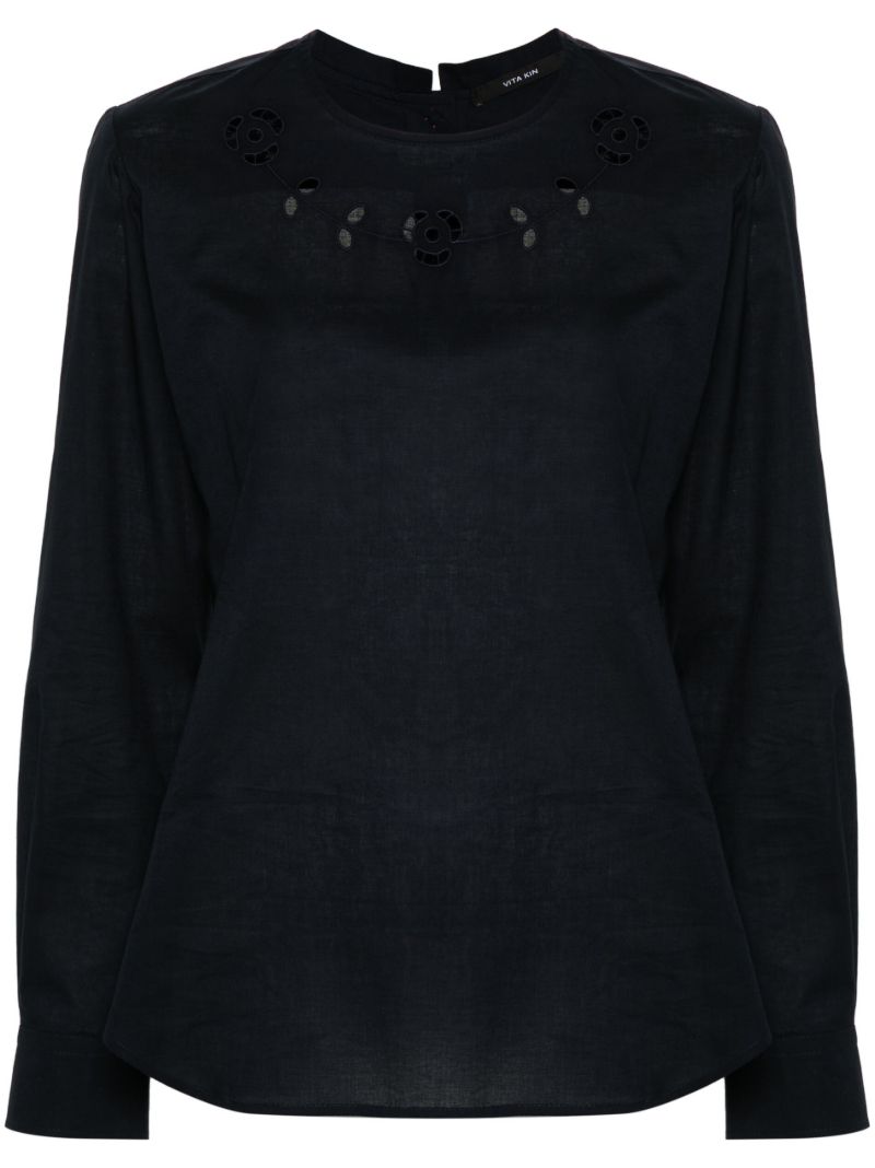 Blue Embroidered Cotton Bliuse