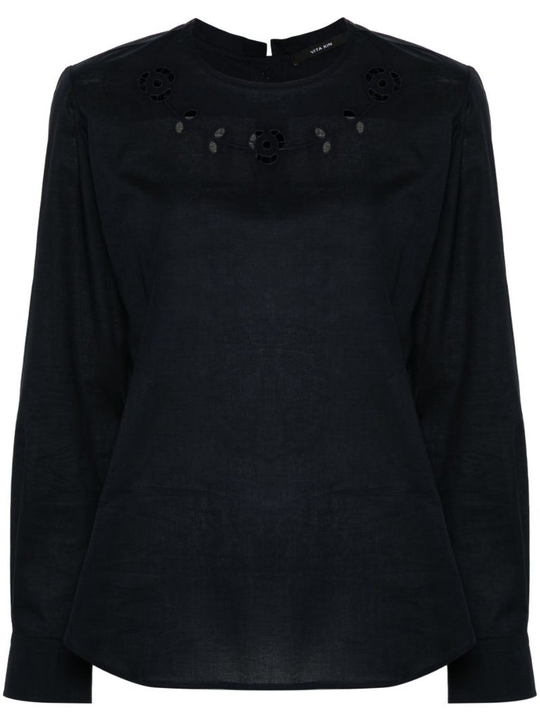 Blue Embroidered Cotton Bliuse