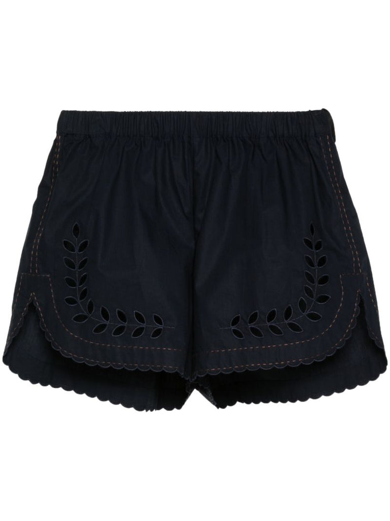 Blue Cut-embroidery Cotton Shorts