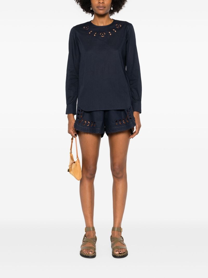 Blue Cut-embroidery Cotton Shorts