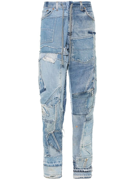 Blue Patchwork Straight-leg Jeans