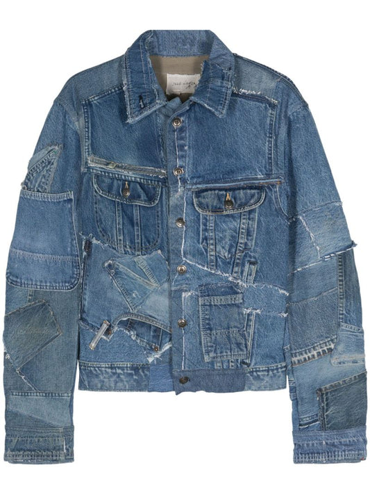 Blue Distressed Patchwork Denim Jacket