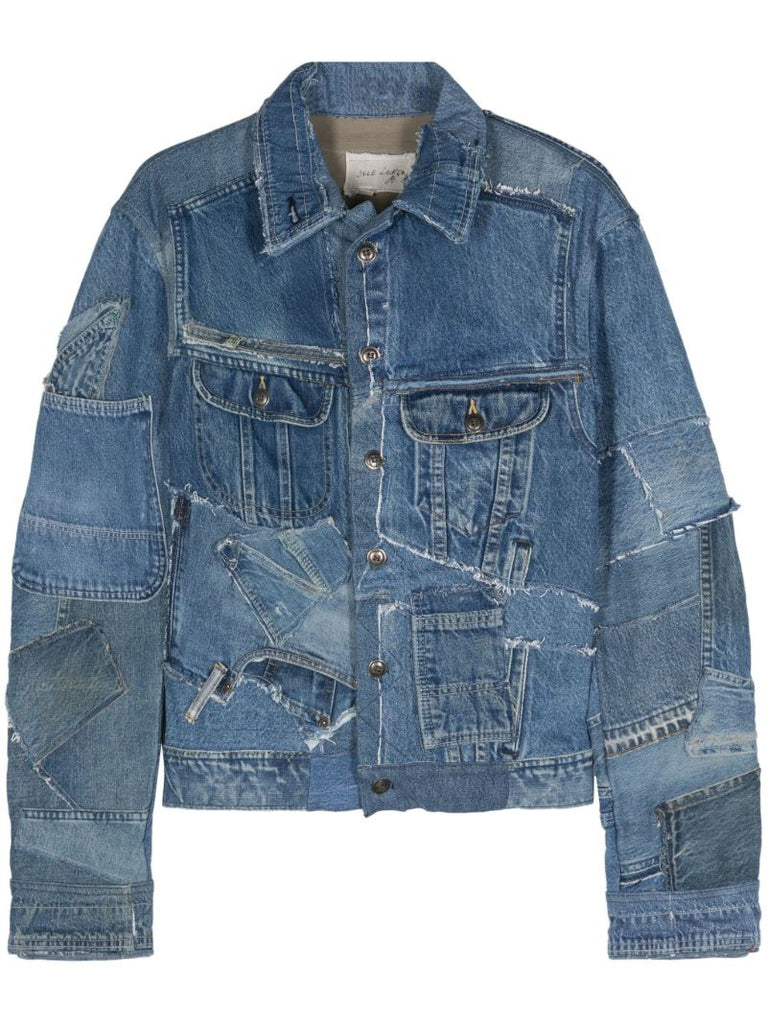 Blue Distressed Patchwork Denim Jacket