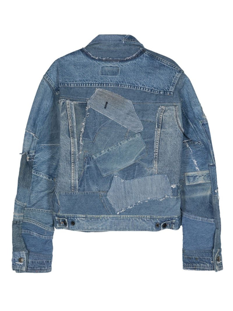 Blue Distressed Patchwork Denim Jacket