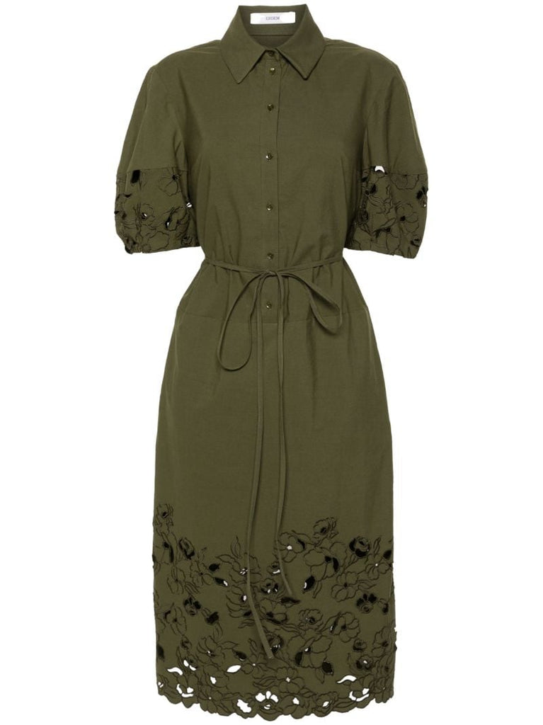 Green Floral-embroidered Midi Dress