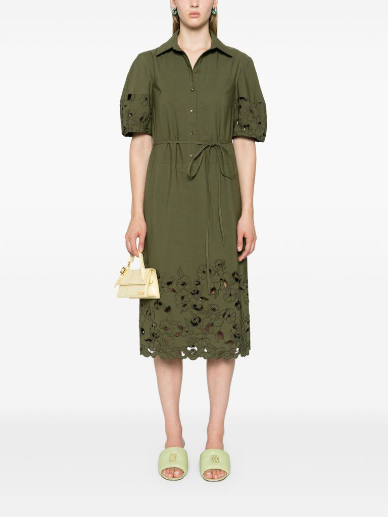 Green Floral-embroidered Midi Dress