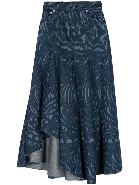 Blue Abstract-print Denim Skirt