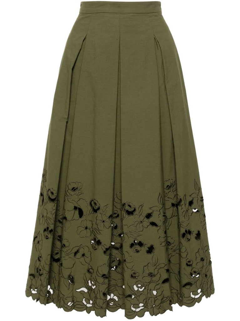 Green Floral-embroidered Midi Skirt