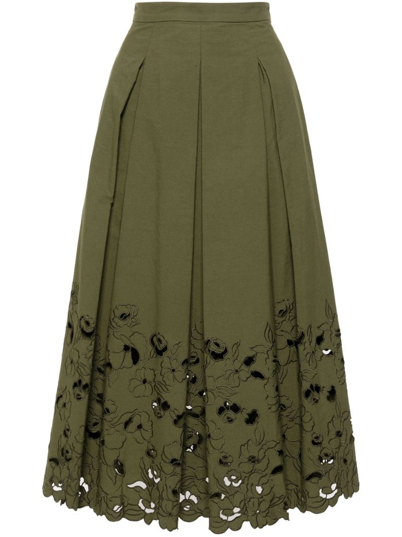 Green Floral-embroidered Midi Skirt