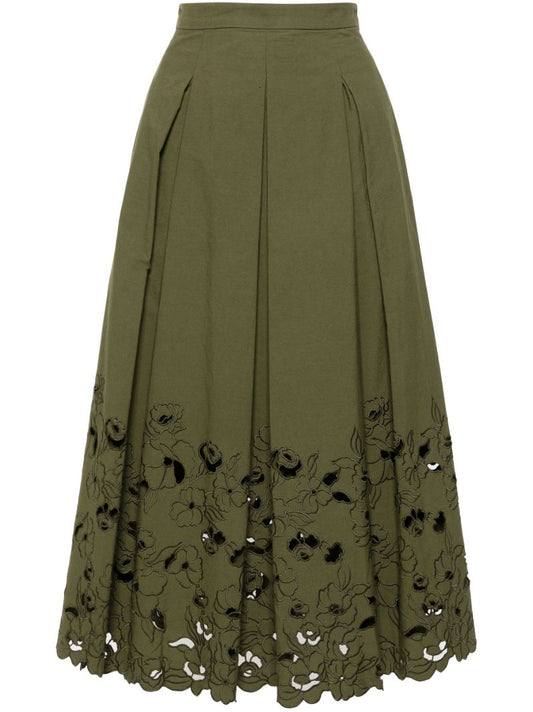 Green Floral-embroidered Midi Skirt
