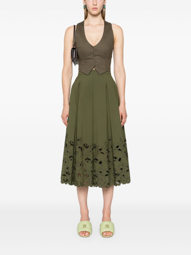 Green Floral-embroidered Midi Skirt