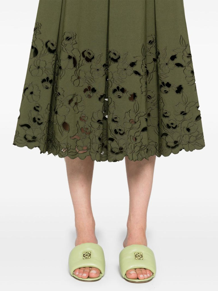 Green Floral-embroidered Midi Skirt
