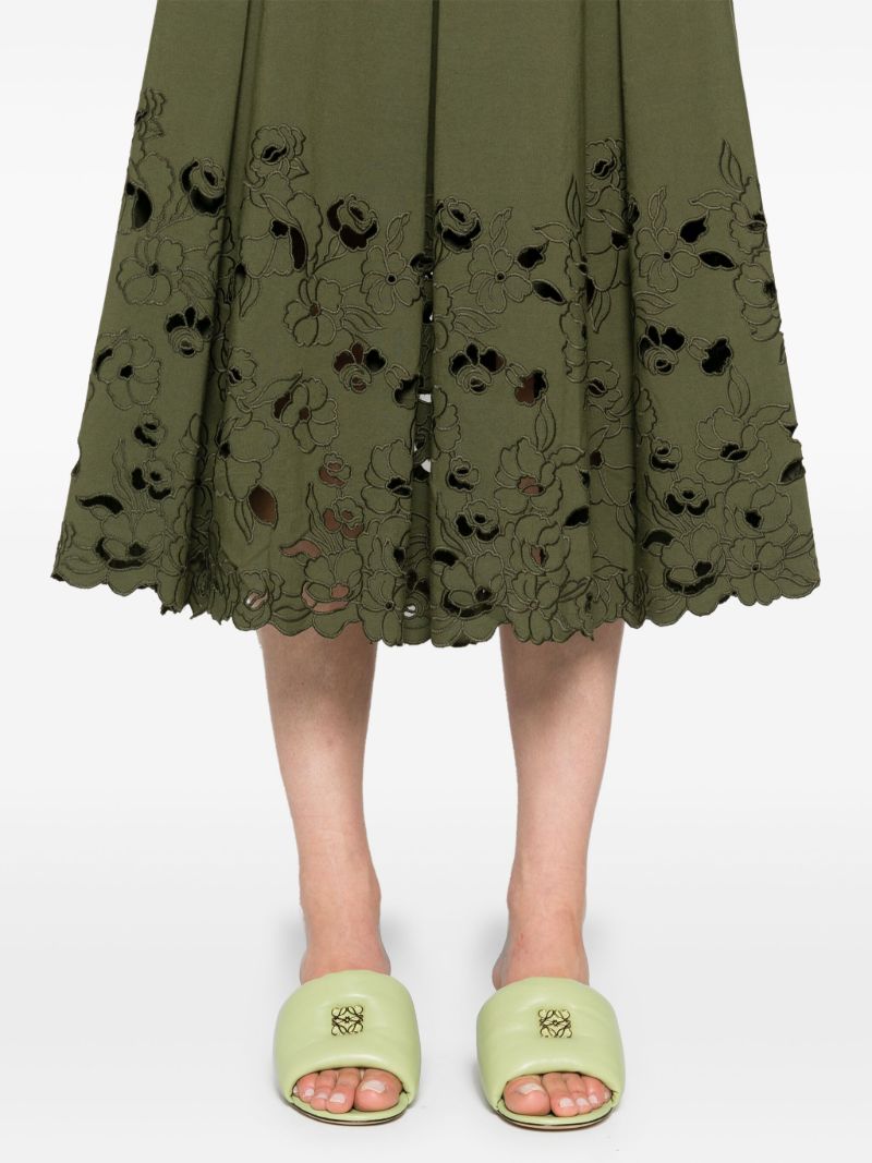 Green Floral-embroidered Midi Skirt
