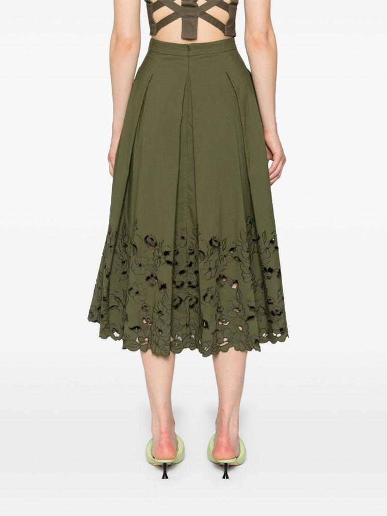 Green Floral-embroidered Midi Skirt