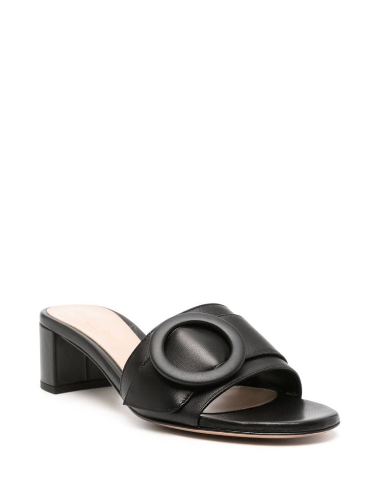 Black Decorative Buckle Leather Mules