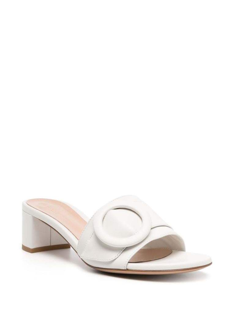White Decorative Buckle Leather Mules