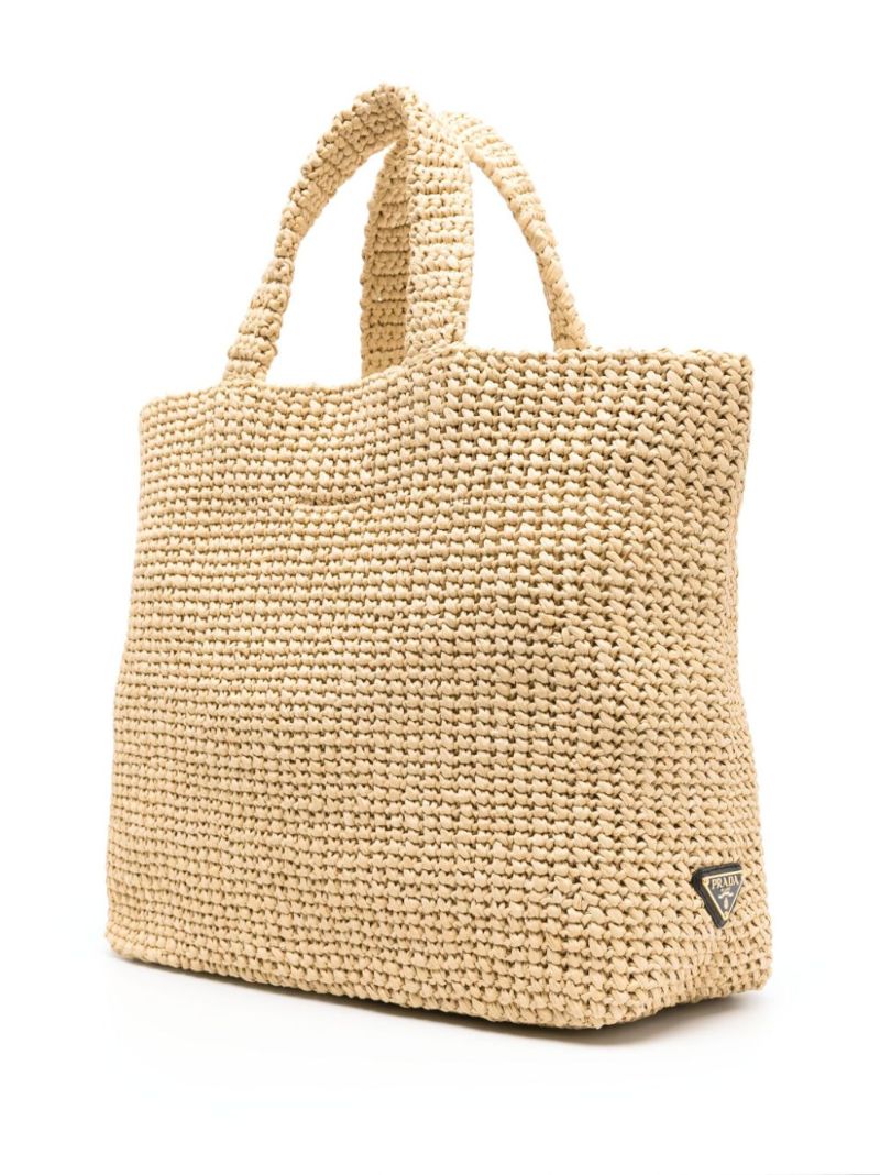 Beige Logo-embroidered Crochet Tote Bag