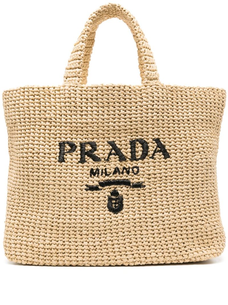 Beige Logo-embroidered Crochet Tote Bag