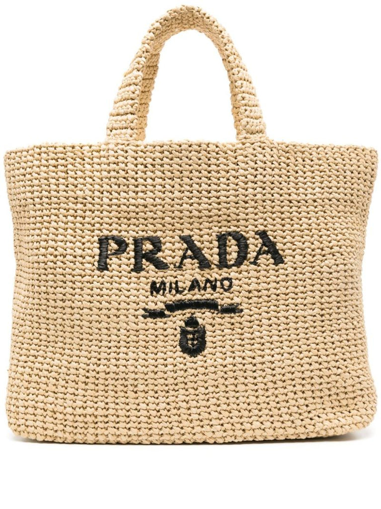 Beige Logo-embroidered Crochet Tote Bag