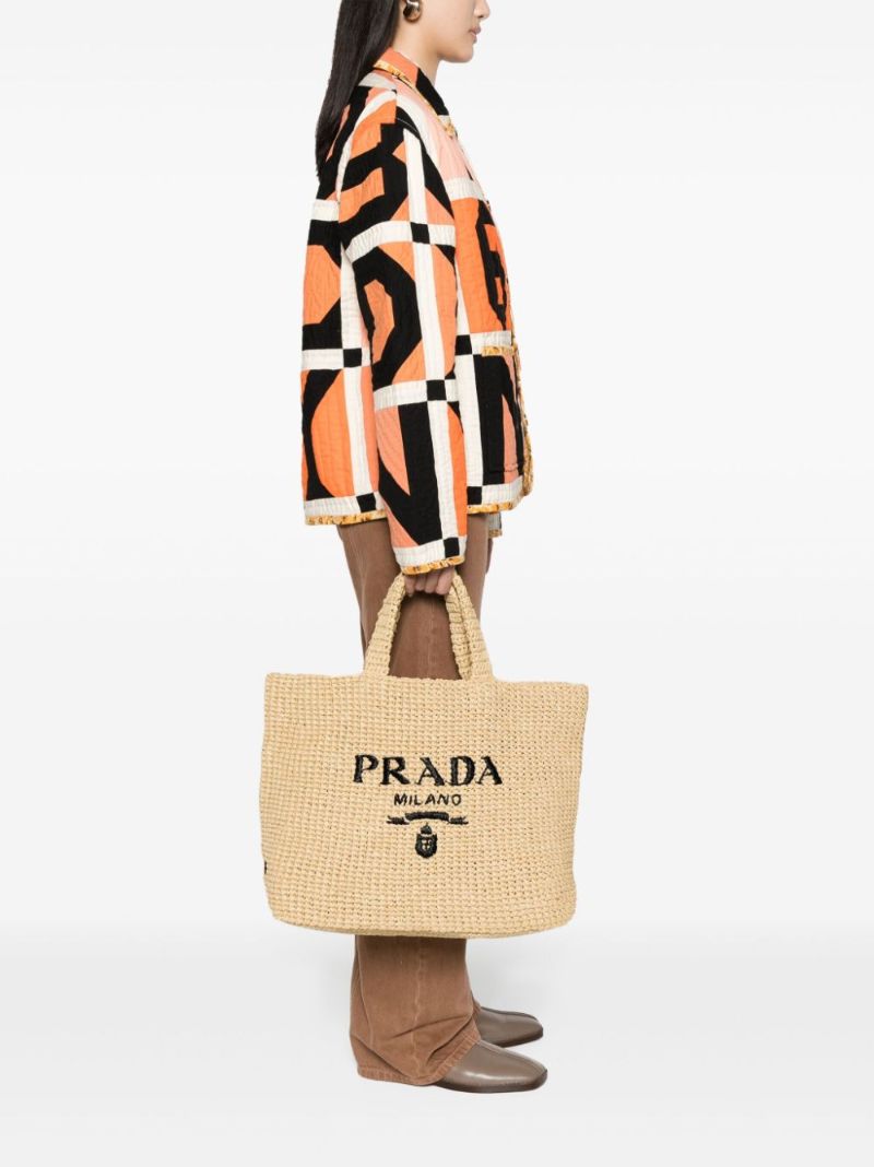 Beige Logo-embroidered Crochet Tote Bag