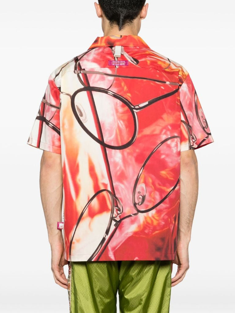Orange and Red Glasses and Fire Print Short-sleeved Shirt