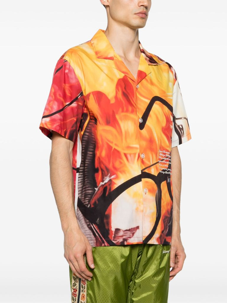 Orange and Red Glasses and Fire Print Short-sleeved Shirt