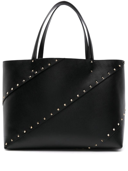 Black Rockstud Leather Tote Bag