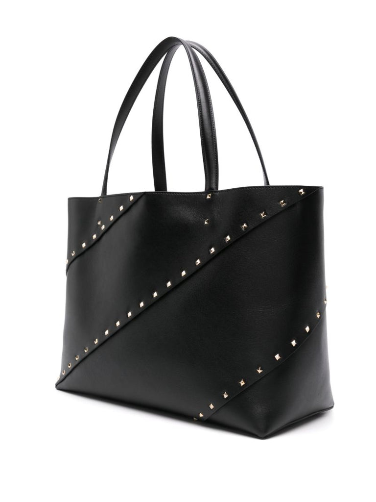 Black Rockstud Leather Tote Bag