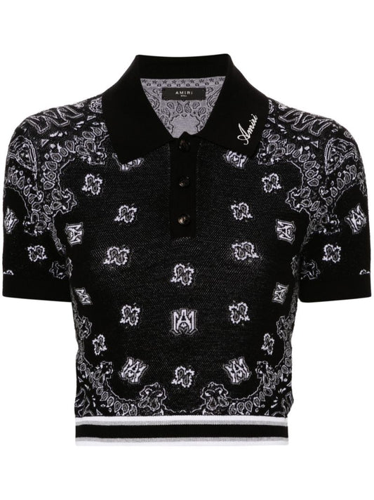 Black Bandana-jacquard Knitted Polo Top