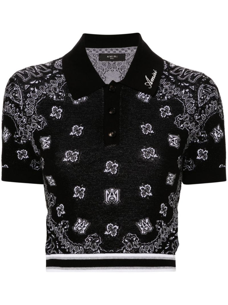 Black Bandana-jacquard Knitted Polo Top