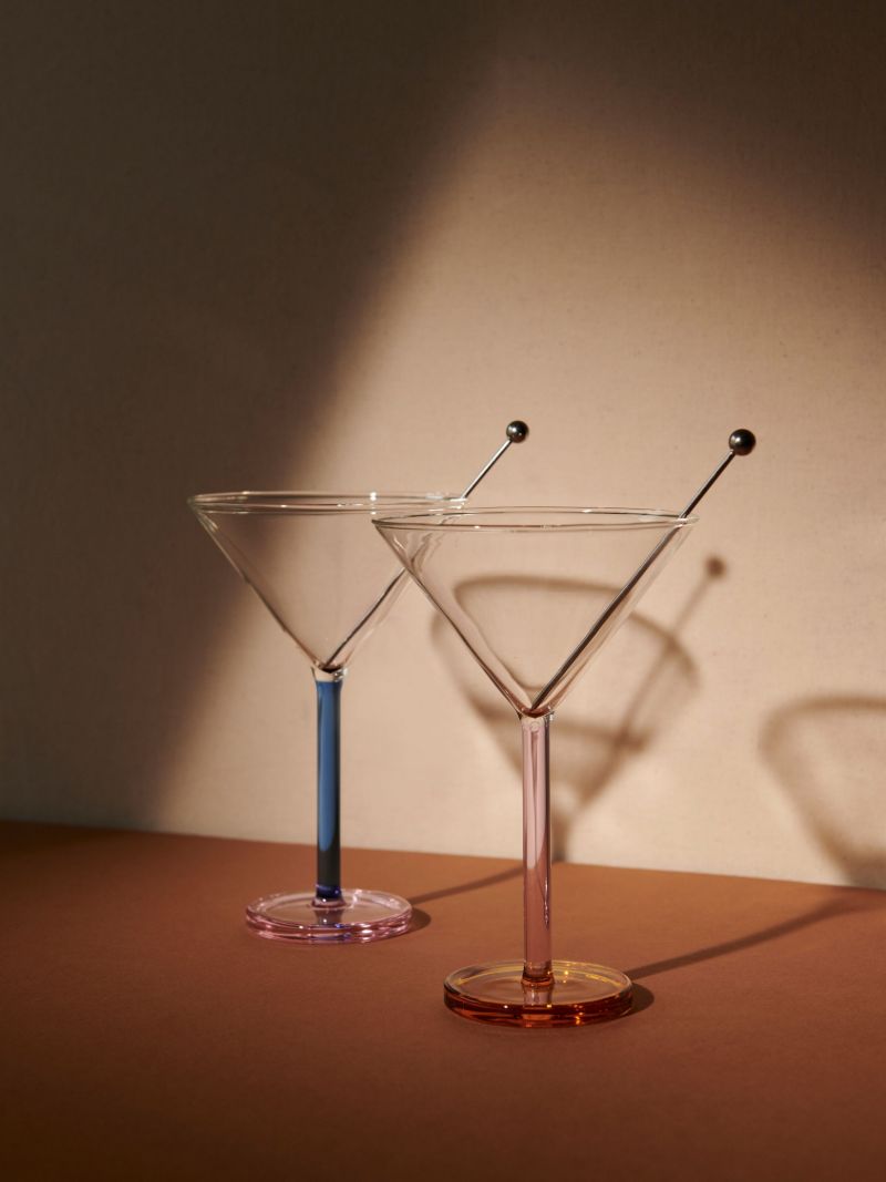 Multicolour Glass and Stainless Steel Two Martini Glasses