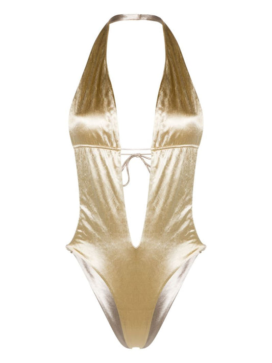 Gold-tone Satin-finish V-neck Swimsuit