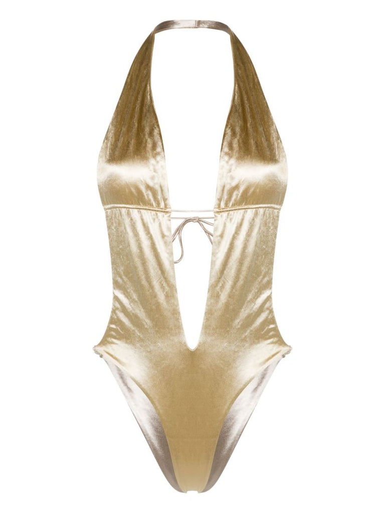 Gold-tone Satin-finish V-neck Swimsuit