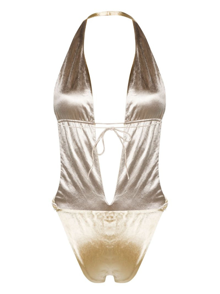 Gold-tone Satin-finish V-neck Swimsuit