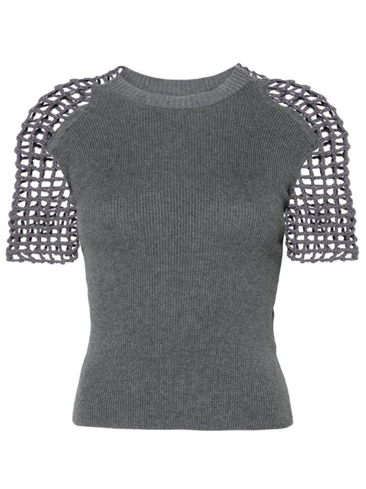 Grey Crochet-sleeve T-shirt