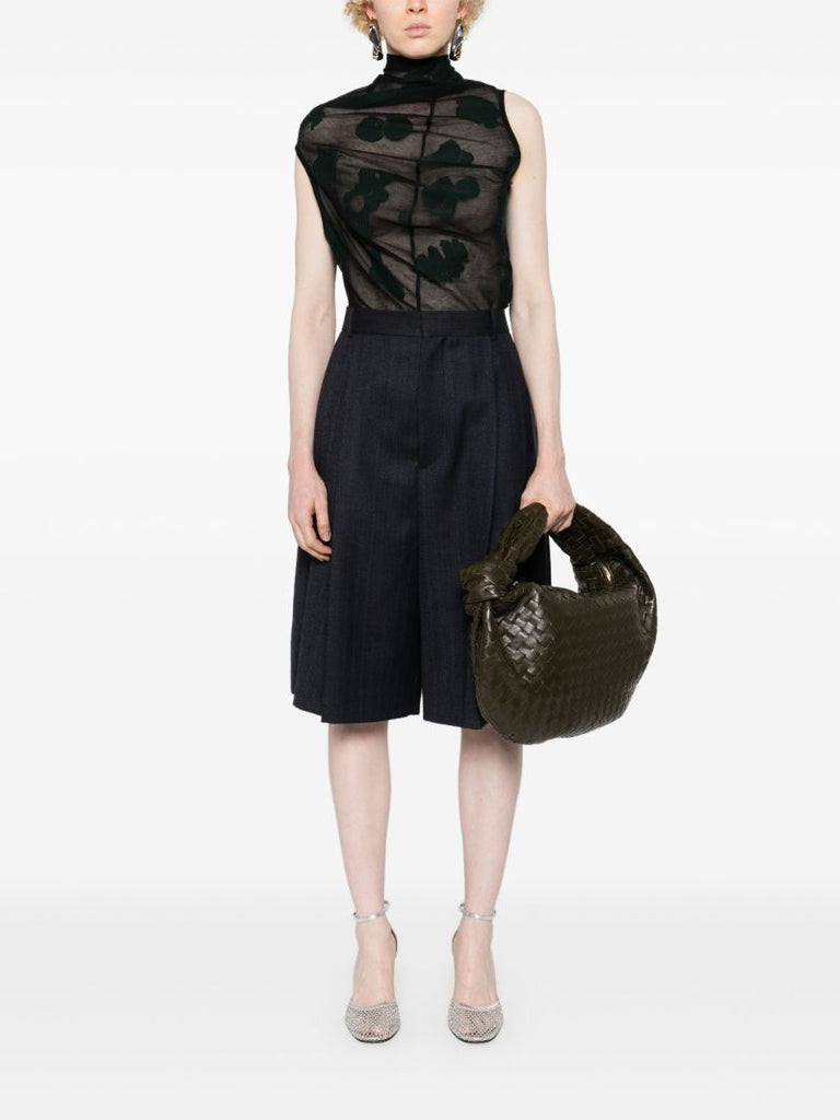 Black Striped Pleated Wool Shorts