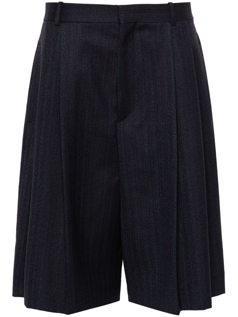 Black Striped Pleated Wool Shorts