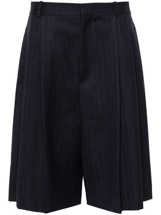 Black Striped Pleated Wool Shorts