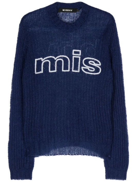 Blue Unbrushed Mohair Open Knit Jumper