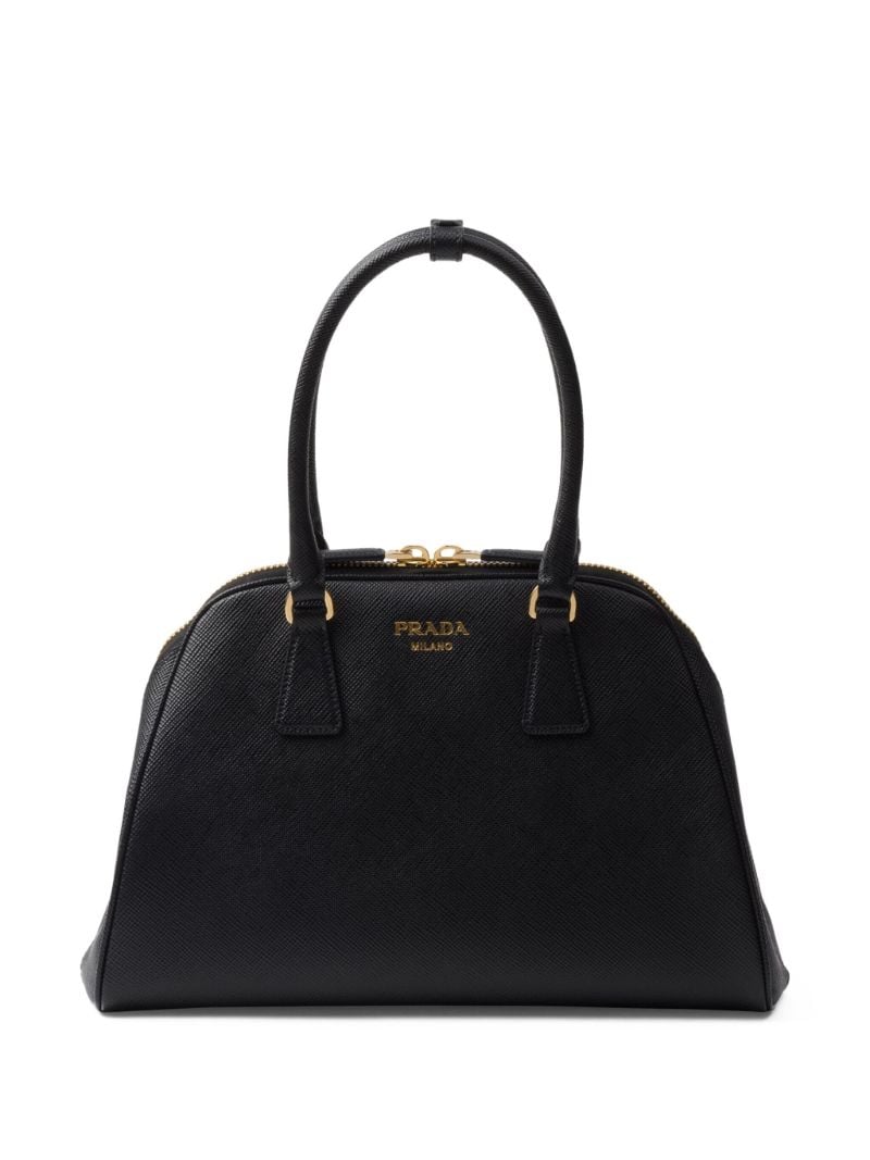 Black Logo Medium Leather Tote Bag