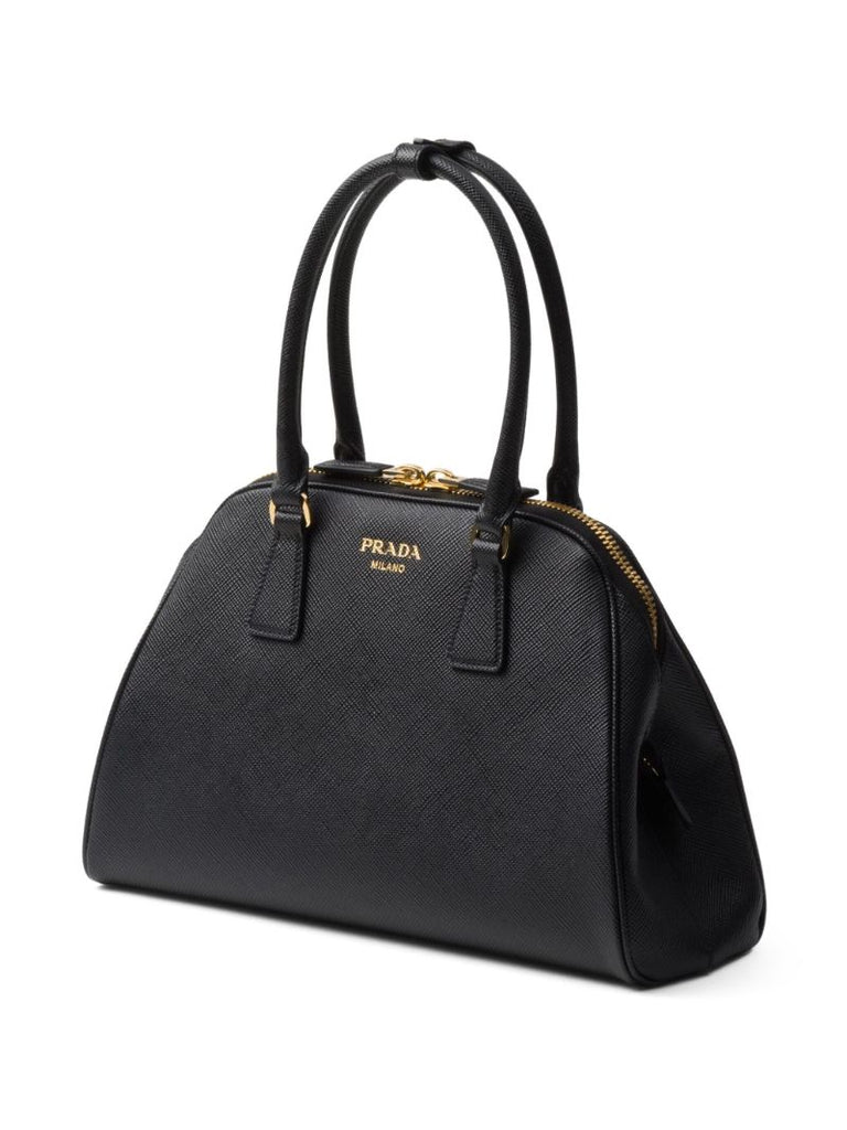 Black Logo Medium Leather Tote Bag