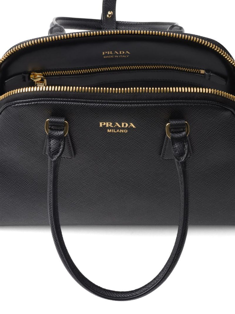 Black Logo Medium Leather Tote Bag